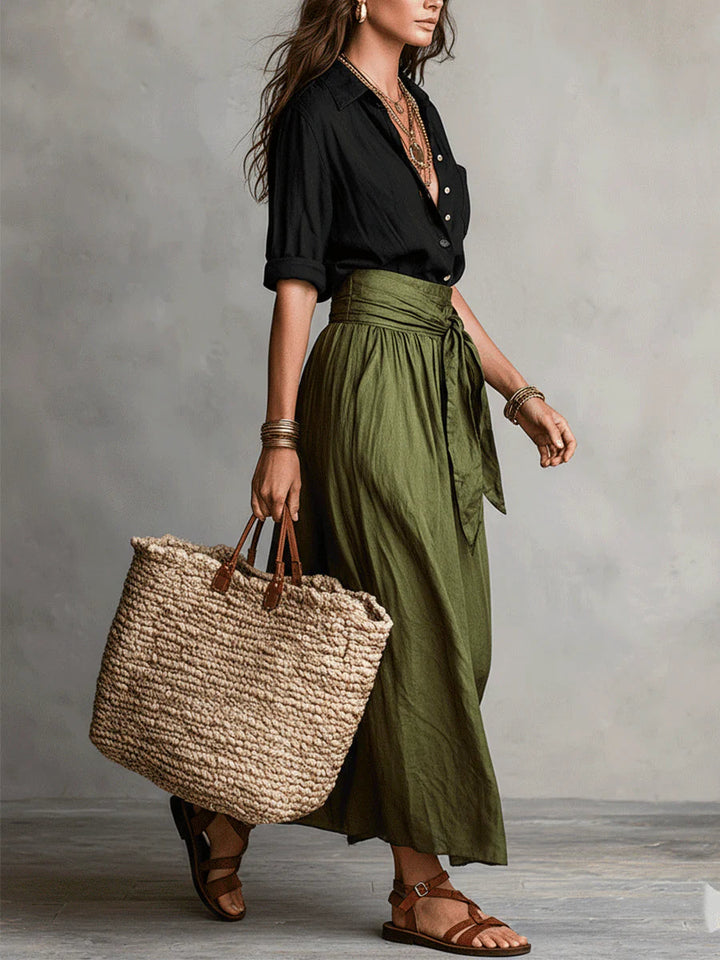 Black Shirt And Olive Green Midi Skirt Two-piece Suit